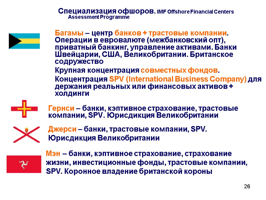 26 Гернси – банки, кэптивное страхование, трастовые компании, SPV. Юрисдикция Великобритании Специализация офшоров. IMF